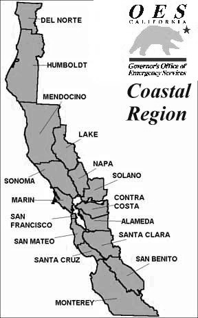 Map of the region within California that makes up the OES Coastal Region; the region represents the counties of Del Norte, Humboldt, Mendocino, Lake, Sonoma, Napa, Marin, Solano, San Francisco, Contra Costa, San Mateo, Alameda, Santa Clara, Santa Cruz, San Benito, and Monterey.